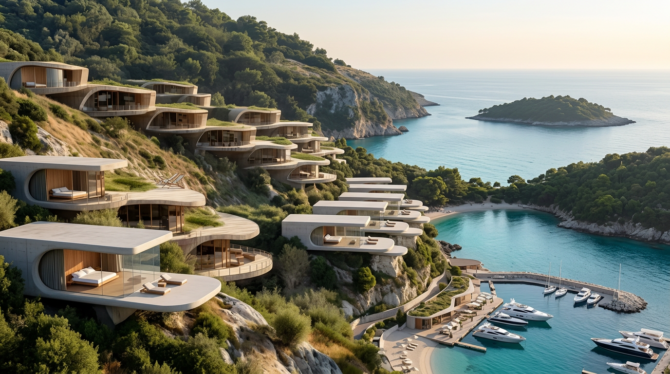 Illustrative rendering of the proposed cliffside resort on Albania's southern coast, near the Vjosa-Narta lagoon.